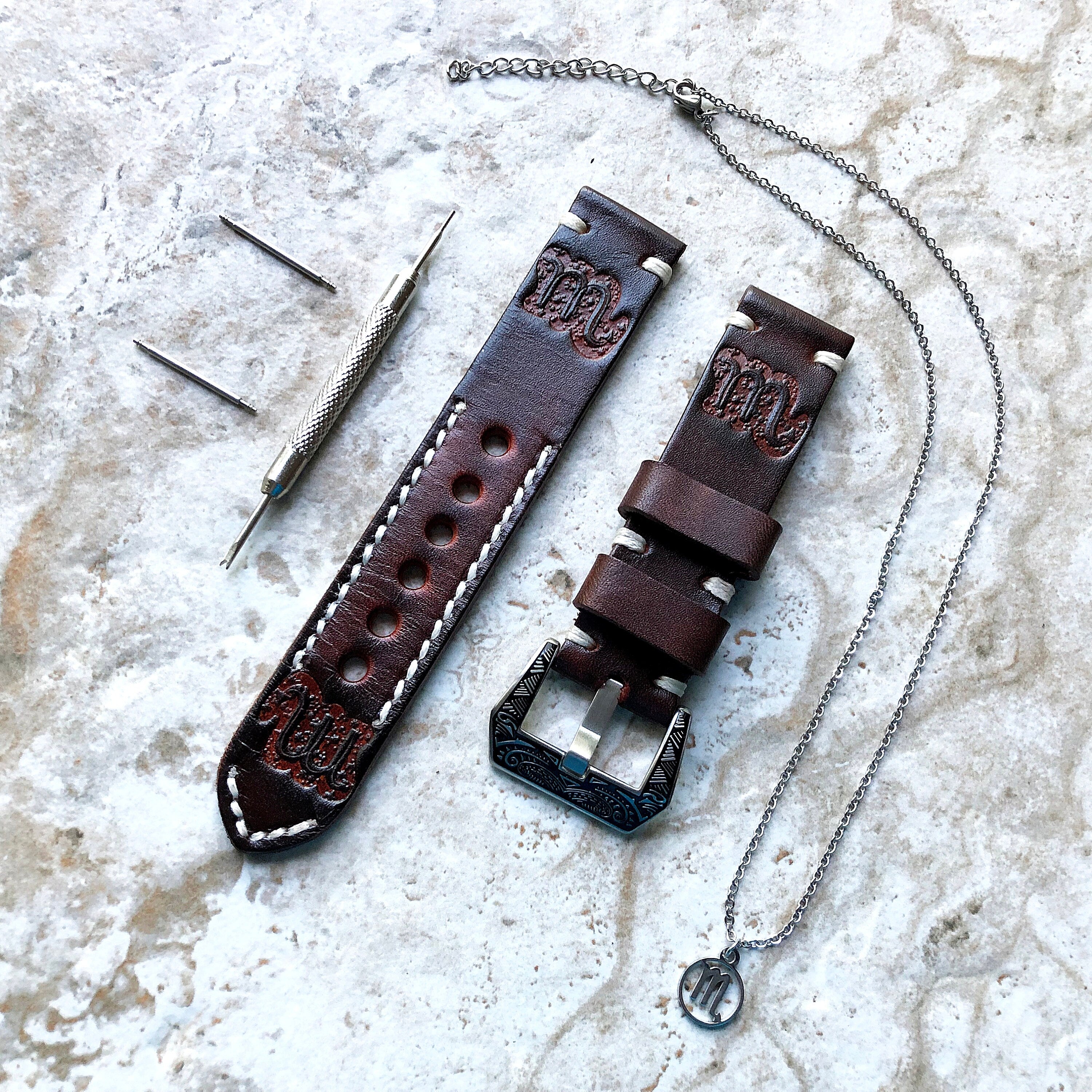 Scorpio Zodiac Band 22mm 24mm 25mm Genuine Brown Leather Tooled Embossed Handmade Strap Bracelet Kit for Watches and 25" Pendants Necklace